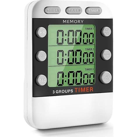 3-kanals timer med nedräkning/snabbspolning framåt, trippel koktimer, display, högljutt larm