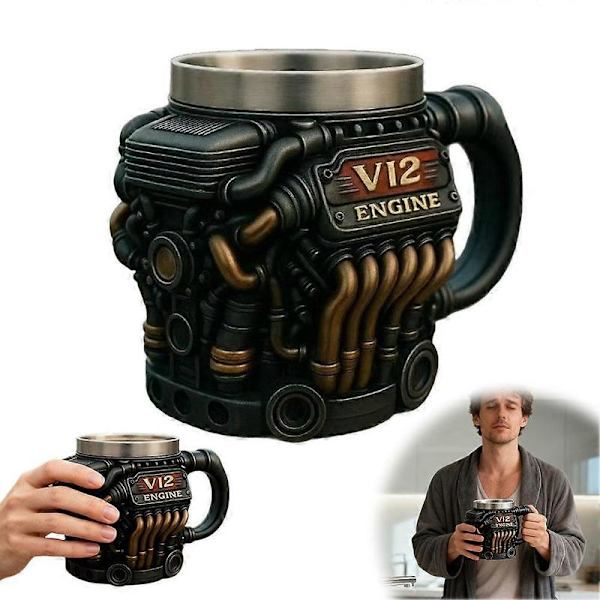 V12Engine Kaffekrus - Tilpasset reisekopp i rustfritt stål for mekanikkentusiaster
