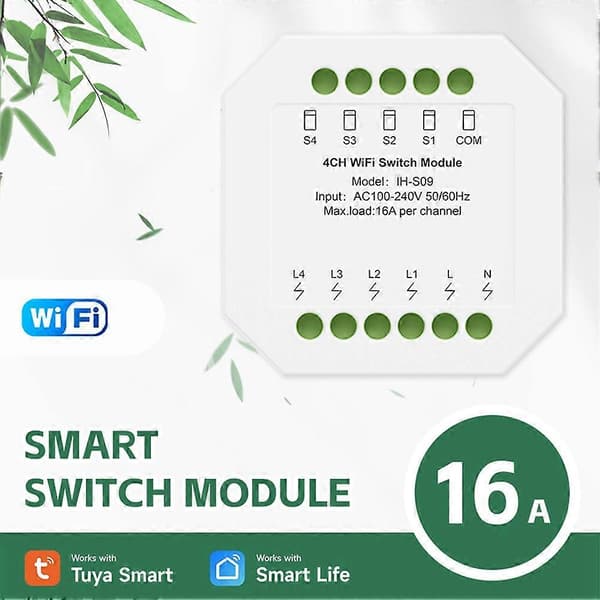 4CH WiFi Switch Modul AC100-240V Smart Switch Modul Smart Life App Fjernbetjening Smart Life Controller White