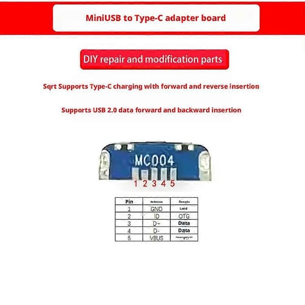 Mini USB hona till USB Typ C hane Jack Plug Kabeladapter Omvandlare< Y5A8 5 pcs MC004