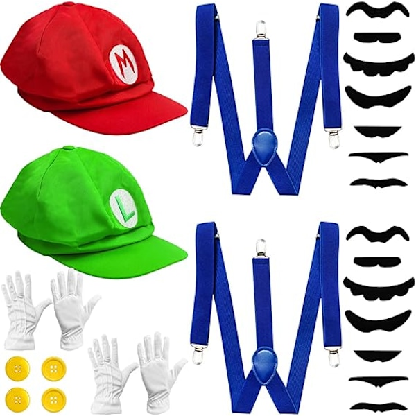 Super Mario Bros Mario och Luigi Hattar Mössor Mustascher Handskar Knappar Cosplay Kostym