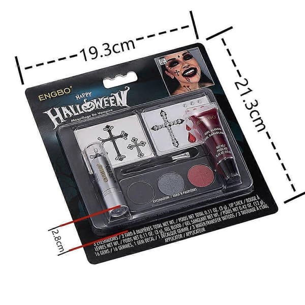 Halloween vampyr makeup sæt, Halloween make-up sæt til voksne, Halloween make-up med kunstigt blod, ansigtsmaling, sort læbestift 3 Set