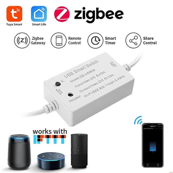 Tuya Zigbee USB-afbryder USB Smart Switch Controller Zigbee Husholdningsapparat Afbryder Switch Controller Modul White
