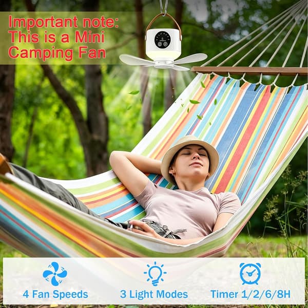 Bærbar campingventilator med LED-lys; 7200 mAh USB genopladelig loftventilator