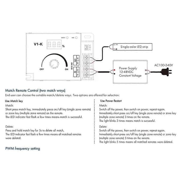 V1-K LED Controller Lysdæmper 12V 24V PWM Lysdæmperkontakt 20A Frekvensjusterbar LED Strip Lysdæmper til Belysningsmoduler Noir