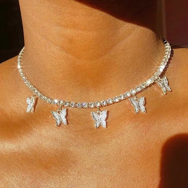 Rhinestone Choker Halskæde Sommerfugl Vedhæng Halskæder Kæde Funklende Tennis Halskæde Mode Fest Smykker til Kvinder og Piger