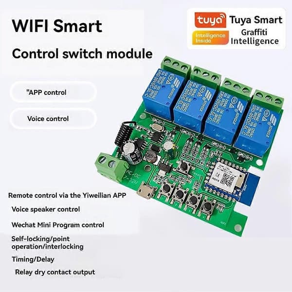 4CH Tuya Smart Switch WiFi relémodul DC7-32V motormodul +RF433 fjernkontroll for garasjeportåpner
