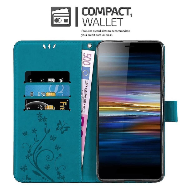 Sony Xperia L3 Cover Case Case - Med blomstermønster og stativfunktion og kortplads FLORAL BLUE