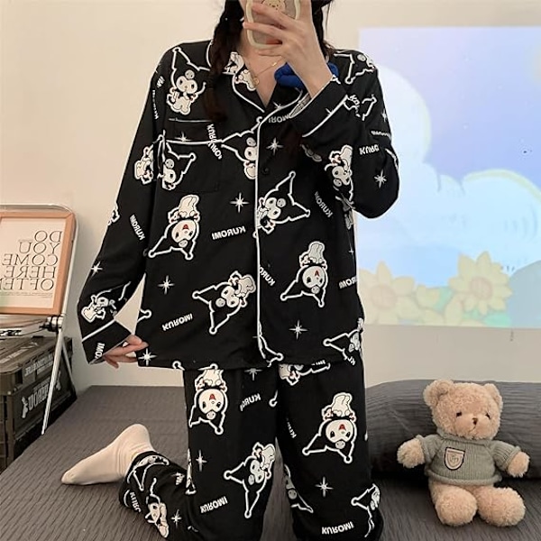 Långärmade pyjamas för kvinnor, cardigan i bomull, ny stil, tecknad film, söt, damkläder, trendig Black Kuromi M
