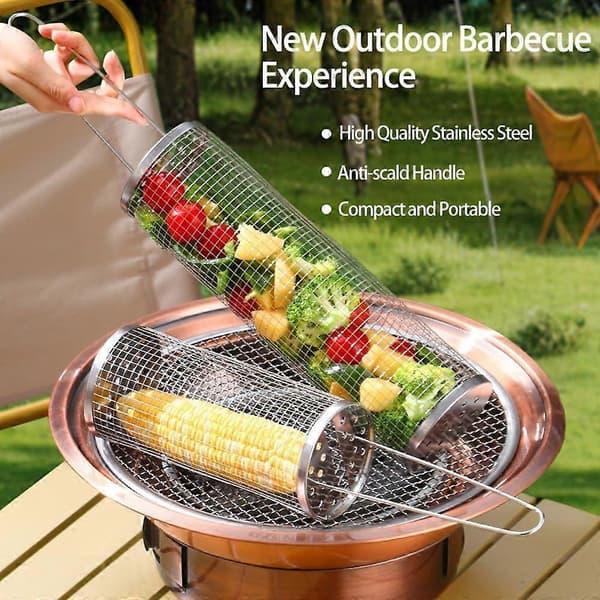 2 stk. rullende grillkurv til grill, rund rustfrit stål, bærbar udendørs campinggrill