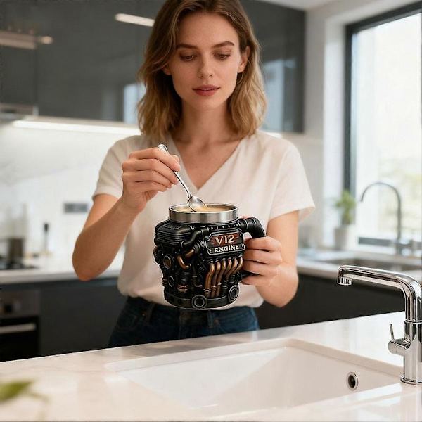 V12Engine Kaffekrus - Tilpasset reisekopp i rustfritt stål for mekanikkentusiaster