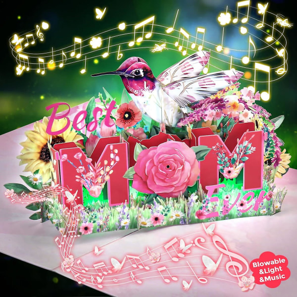 Äitienpäivä Pop Up -kortti, Kevytmusiikkia puhallettavat 3D-onnittelukortit äidille, Pop Up -kukkakimppukortti Hyvää äitienpäivää G äidille/tytölle lahja SWHY