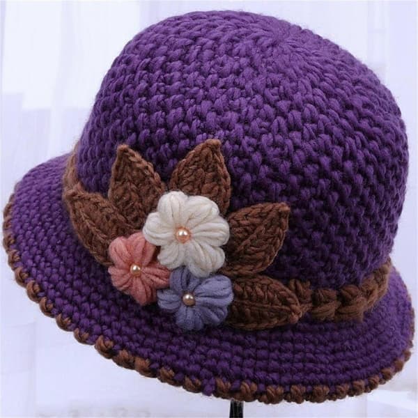 Vinter Dame Blomster Strikket Ullhatt Ørebeskyttelse Ullhatt For Eldre Strikket Hatt StretchFit PP