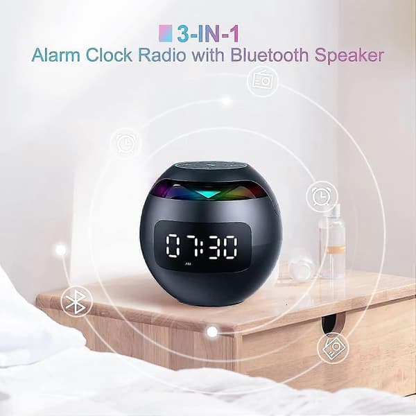Digital väckarklocka med Bluetooth-högtalare för sovrum, dubbla larm, LED-ljus, 12/24h USB-laddningsport, för djupsömnare