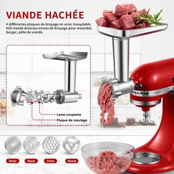 Kødmaskinetilbehør til KitchenAid-mixer, 3 rør og pølsefyldholdere, 4 skiver, 2 knive, hamburgerpresse