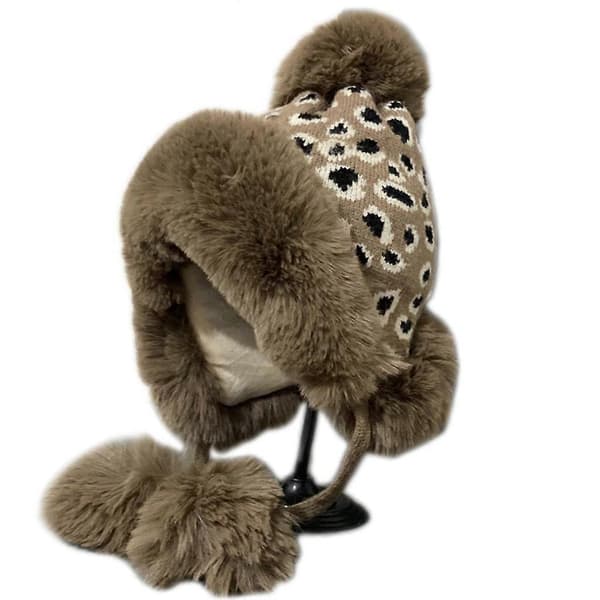 Handstickad Leopardmönstrad Mössa Varm Ullstickad Hatt Flätad Stickad Hatt Utomhustrend Casual Varm Hatt Höst Vinter Rosa Brown