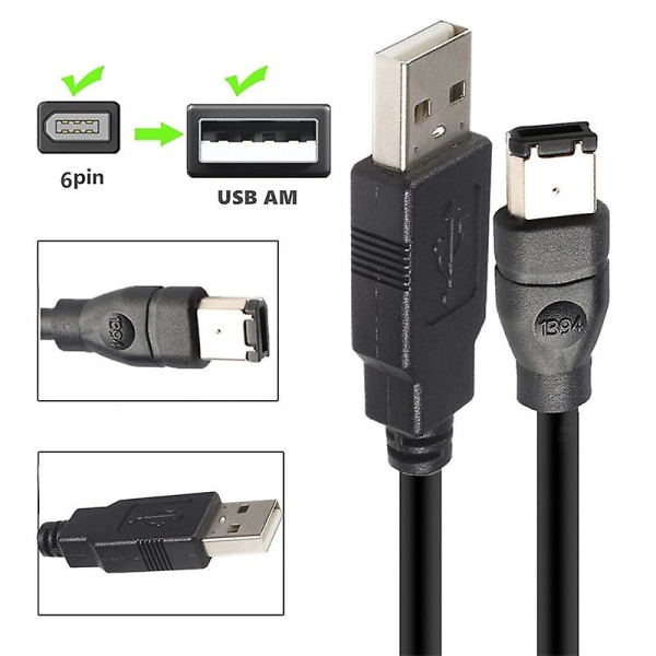 JUNSUNMAY 1,8 m Firewire IEEE 1394 6-stift hane till USB 2.0 hane adapter konverterkabel