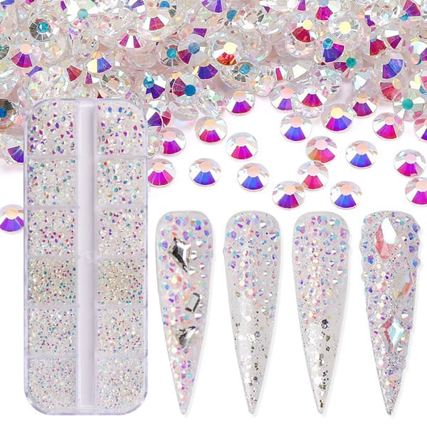 【BQ】Nagelkonst Strass AB Stenpärlor Nagelstenar Runda Platta Stenar Nitar 3600 Delar 6 Storlekar Box Ingår Crystal clear