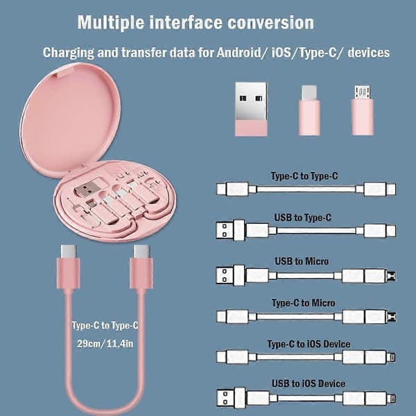Multi USB-laddningsadapterkabelkit, reseladdaradapterkit, typ C till Micro, USB-C till IOS-adapter, dataöverföring, kortförvaring, telefonhållare Pink