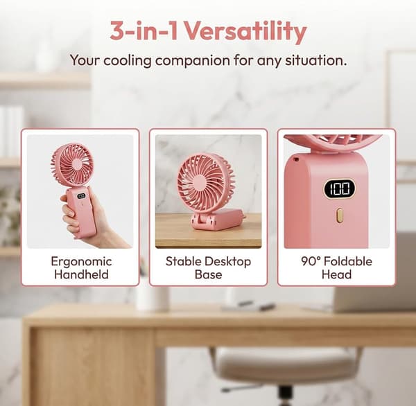 Bærbar ventilator, 2-i-1 miniventilator (bærbar og bordmodel) – Pink