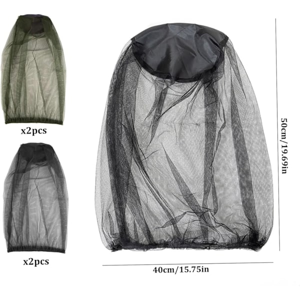 4 stk. Midge Hovednet Net Anti Bug Myggenet Hovednet Net Fint Mesh Netting Cover Biavl Bi Slør til Udendørs Vandreture Camping Fiskeri Sort Grøn