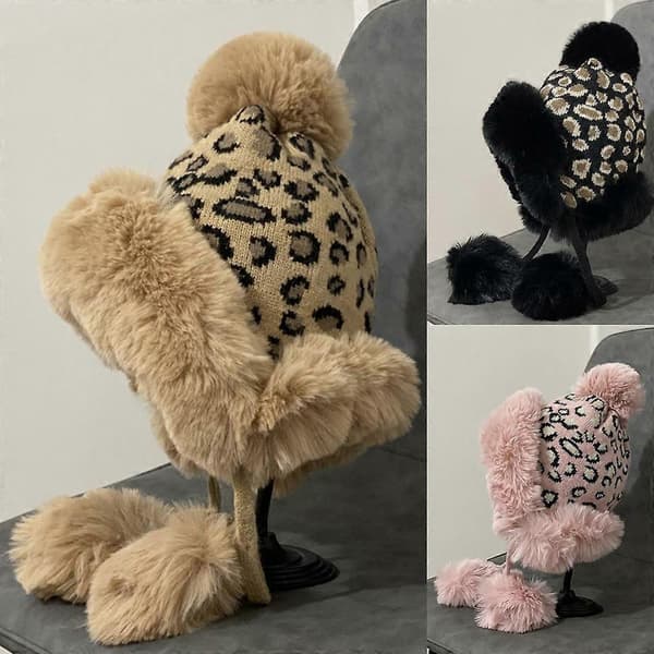 Handstickad Leopardmönstrad Mössa Varm Ullstickad Hatt Flätad Stickad Hatt Utomhustrend Casual Varm Hatt Höst Vinter Rosa Black