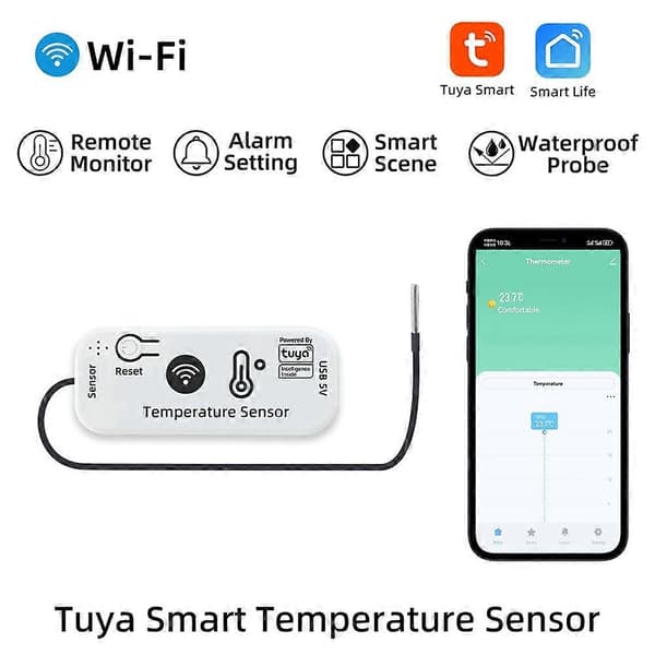 TUYA WIFI Temperatursensor APP Fjernmonitor Tuya Vanntett Temperatursensor 2.4G WiFi Smarthus 2M Blanc