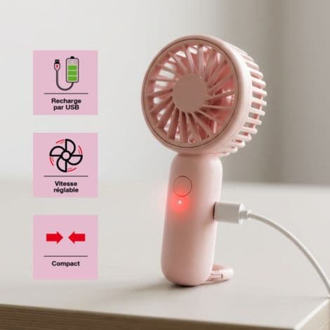 Mini bærbar lyserød ventilator, genopladelig, 3 hastigheder - MVRR