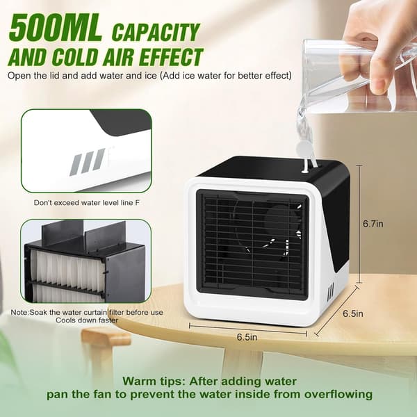 Mini bærbar aircondition, 500 ml, USB-C interface, støjsvag og uafhængig, hvid