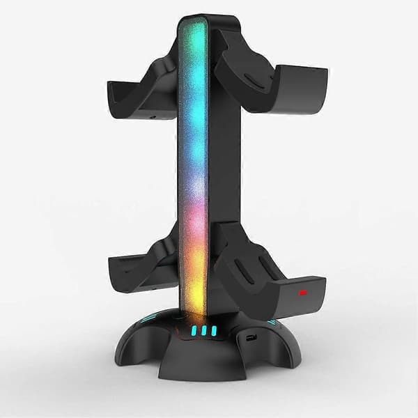 Multifunktionel opladningsstander til PS5 Dualsense-controller med justerbar RGB-belysning og dobbelt opladningsfunktion Black