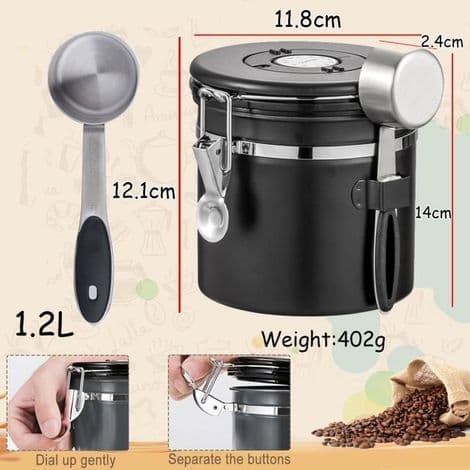 Kaffedåse, Madopbevaringsboks til køkken, Lufttæt kaffebeholder, til kaffebønner, malet kaffe, korn, 1,8L, sort