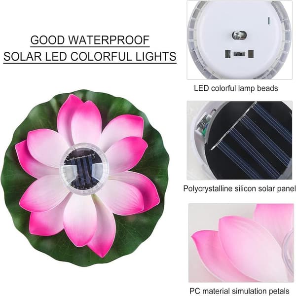 Solcellelamper til dam Rosa flydende solcellelamper til dam, flydende lotusblomst solcellelamper til pool Havedam Solcellelilje blomsterlamper Lotus Light (Pink)