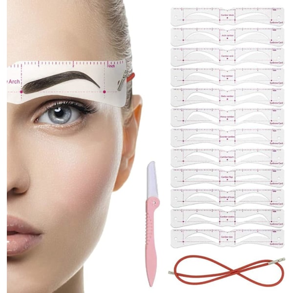 12 Pieces Reusable Eyebrow Shapers Template Stencils with 1 Straps and 1 Eyebrow Razor Trimmer