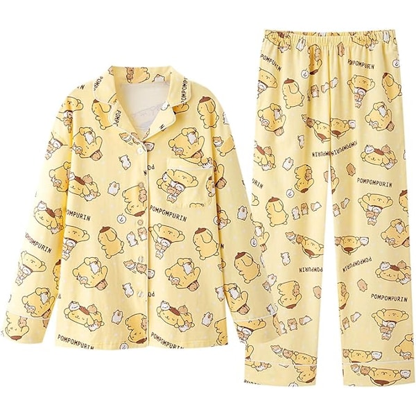 Kawaii Tegneserie Pyjamas til Kvinner og Jenter - Langærmet Skjorte med Pyjamasbukser - Soveklær - Hjemmetøy - 2-delt Pyjamassett Pom Pom Purin M