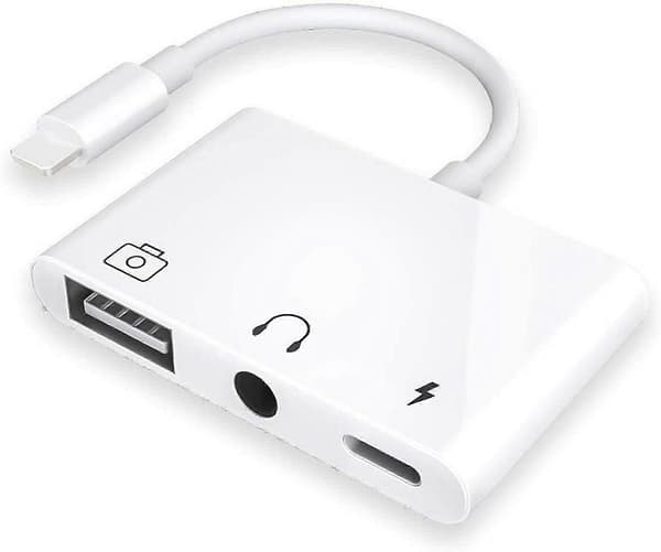 3-i-1 USB hunn OTG ladeadapter med 3,5 mm lydjack-splitter for iPhone/iPad som kombinerer strøm og lyd