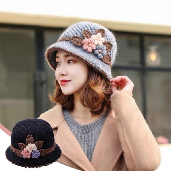 Vinter Dame Blomster Strikket Ullhatt Ørebeskyttelse Ullhatt For Eldre Strikket Hatt StretchFit BK