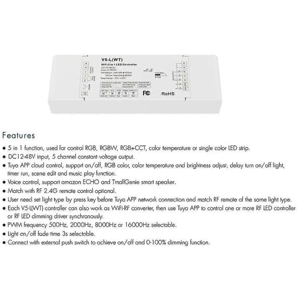 WiFi 5-i-1 LED-controller DC 12V 24V 36V 48V 30A lysdæmper med AC trykafbryder dæmpning APP stemmestyring musikmodel White