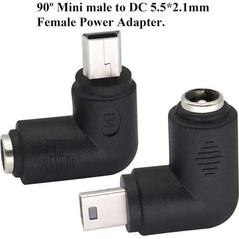 (Pakke med 2 miniadaptere) 90° vinklet mini USB strømadapter, mini USB hann til DC-grensesnitt 5,5 x 2,1 mm