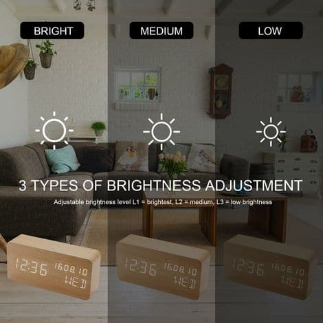 Hvit digital vekkerklokke i tre med LED-lysstyring