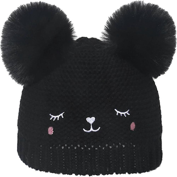 Stickad barnmössa Björn Tecknad Pullover Stickad Mössa Ull Vintermössa Svart One Size För Flickor