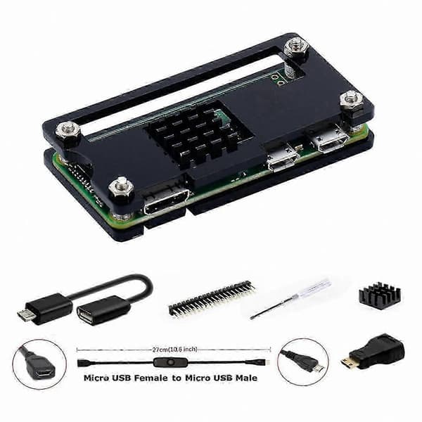 Raspberry Pi Zero 2 W/Zero W startpaket med akrylfodral, GPIO-stiftlist, HDMI-adapter, OTG-kabel