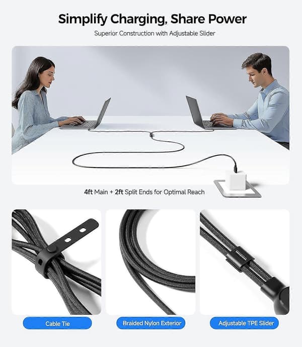 Flettet 2-i-1 USB C til USB C-kabel - 1,8 m, 140W Smart strømfordeling til