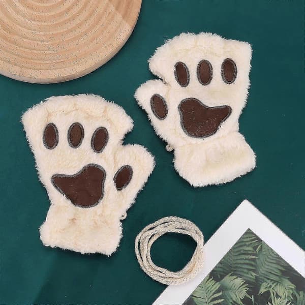 Bløde beige fingerløse handsker til kvinder, plysset kattepote-design, vintervarme