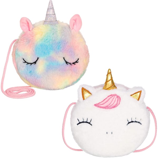 2 st Furry Unicorn axelväska, rund tecknad Unicorn handväskor plånbok väska crossbody väska, 23 cm