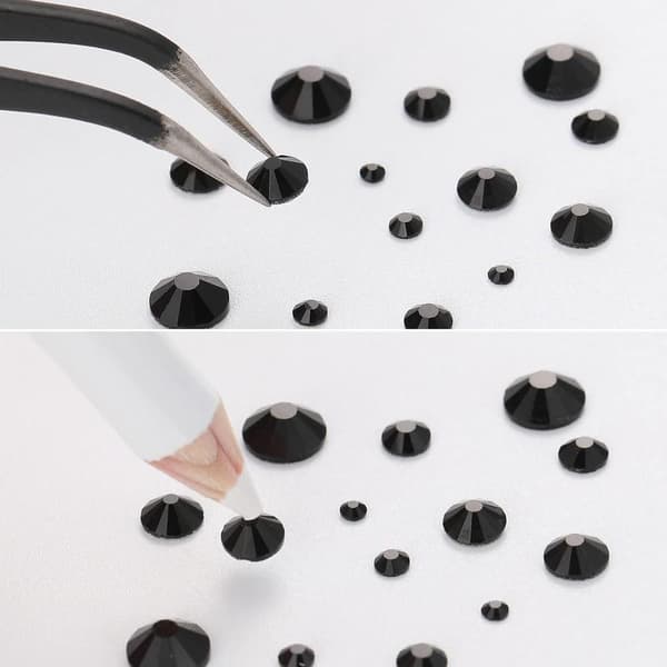 Svarta Flatback Rhinestones, Flatback Ædelsten Runde Sorte Krystal Rhinestones til Neglekunst Blandede 6 Størrelser (Sort)