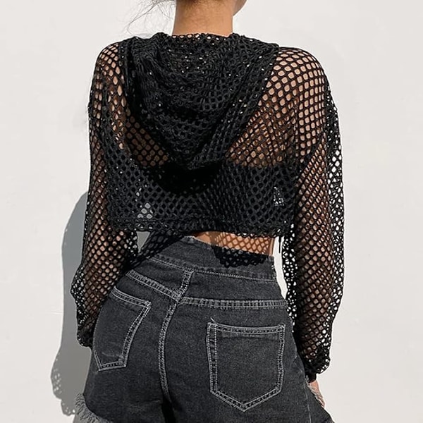 Kvinder Sexet Gennemsigtig Mesh Fiskenet Hullet Pullover Langærmet Hættetrøje Blød Mesh Gennemsigtig Strand Crop Tops Club Gotisk Punk Rock Raver Bluser