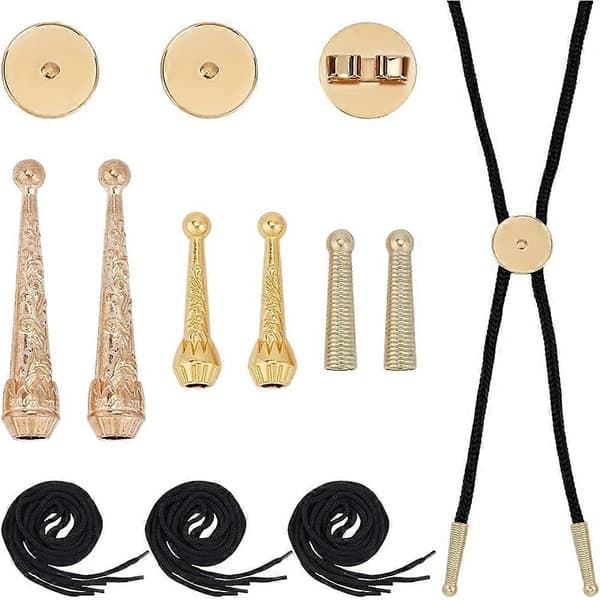 Bolo Tie Finding Kit, Silver Bolo Tie Tip Buckle Replacement with Cord End 3Pcs Round Slides Pack 3 Strands Nylon Cord A Gold