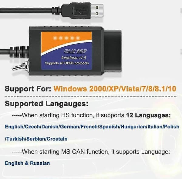 Modificeret OBD2-scanner til Ford Forscan ELM327 USB V1.5 med MS-CAN og HS-CAN kodelæsningsfunktioner