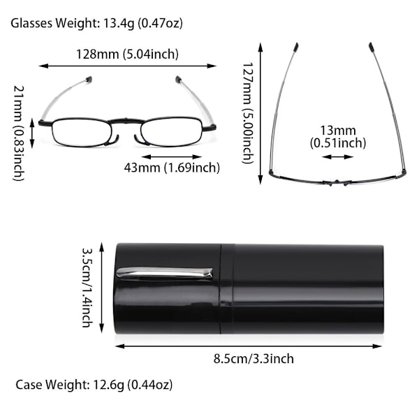 Fällbara läsglasögon med rörfodral CASE STYRKE 1.0X musta black Strength 1.0x