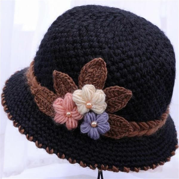 Vinter Dame Blomster Strikket Ullhatt Ørebeskyttelse Ullhatt For Eldre Strikket Hatt StretchFit BK